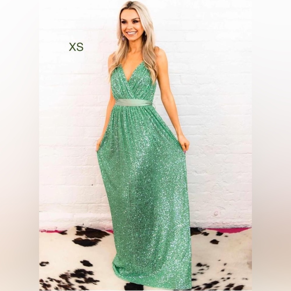 Extra small green teal sequin maxi formal dress prom XS with satin sash belt